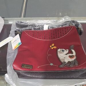 Chala Burgundy and Dark Brown Crossbody Bag with Cat and Butterfly